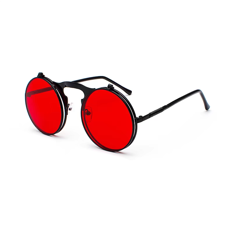 Round sunglasses with red lenses and black frames on a white background