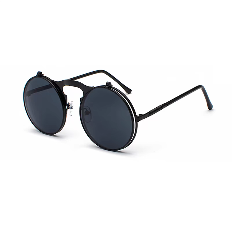 Round sunglasses with black frames and dark lenses on a white background