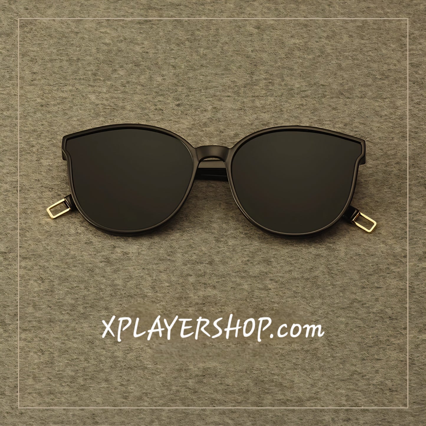 Black sunglasses on a brown textured background with 'XPLAYERSHOP.com' text.