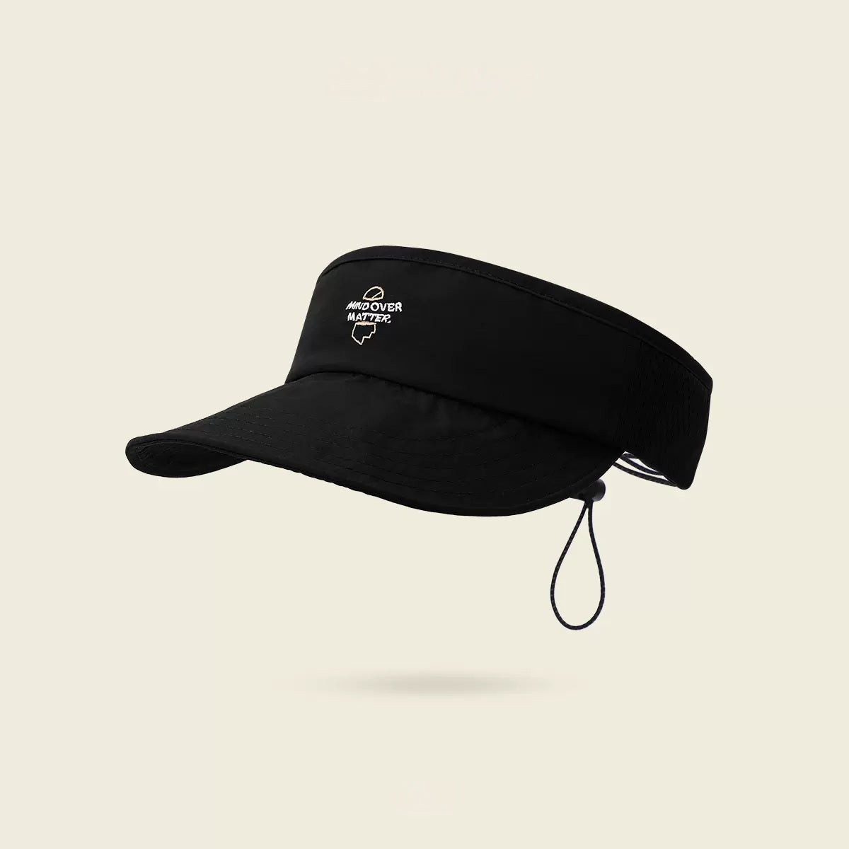 Black visor cap with a brand logo on a beige background