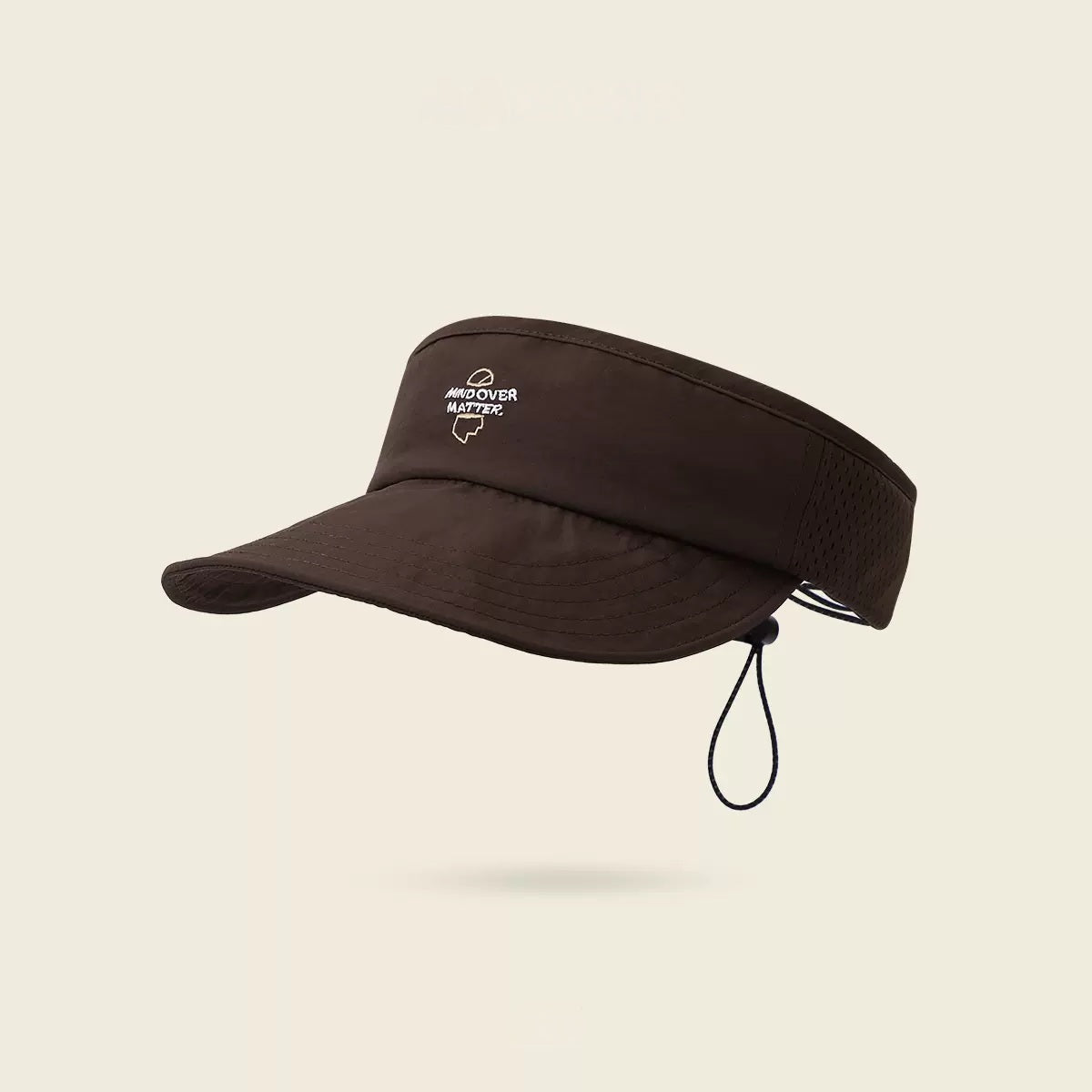 Brown visor cap with a brand logo on a beige background