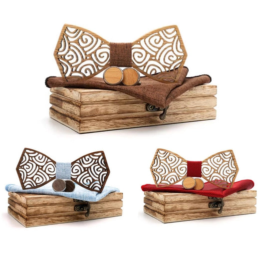 Three wooden bow ties with patterned designs on a white background