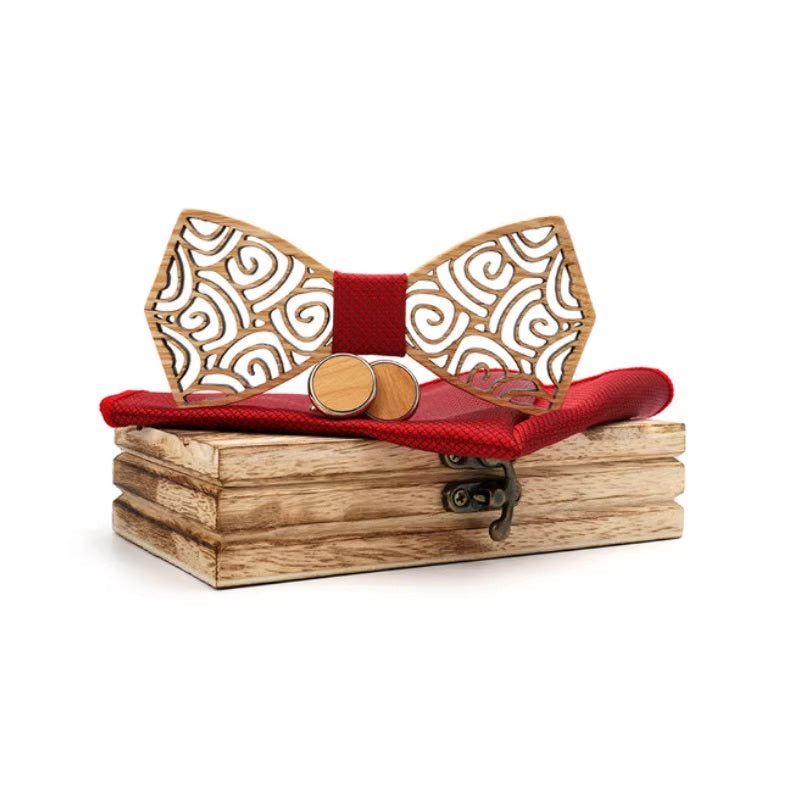Wooden bow tie with red fabric