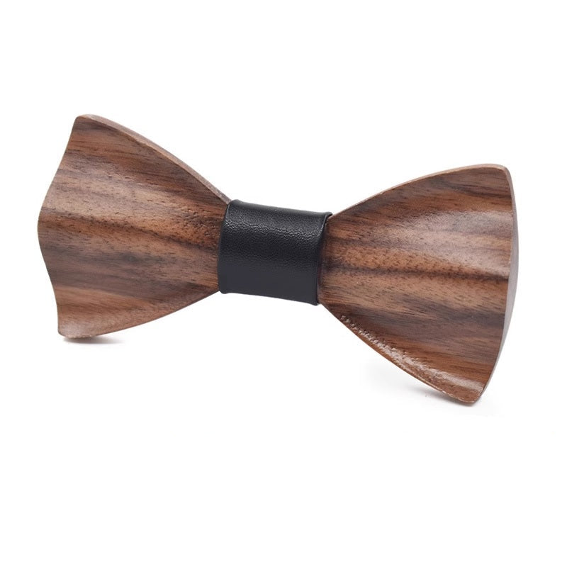 Classic Wooden Bow Ties | Walnut | Round Corner | Black Leather