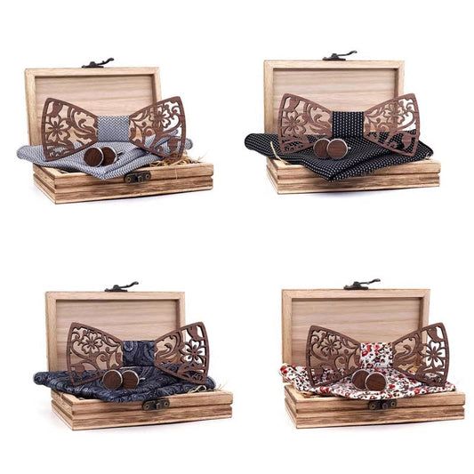 Set of Floral-Carved-Wooden-Bow-Ties