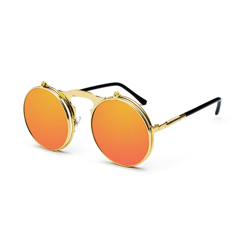 Round sunglasses with gold frame and orange lenses on a white background