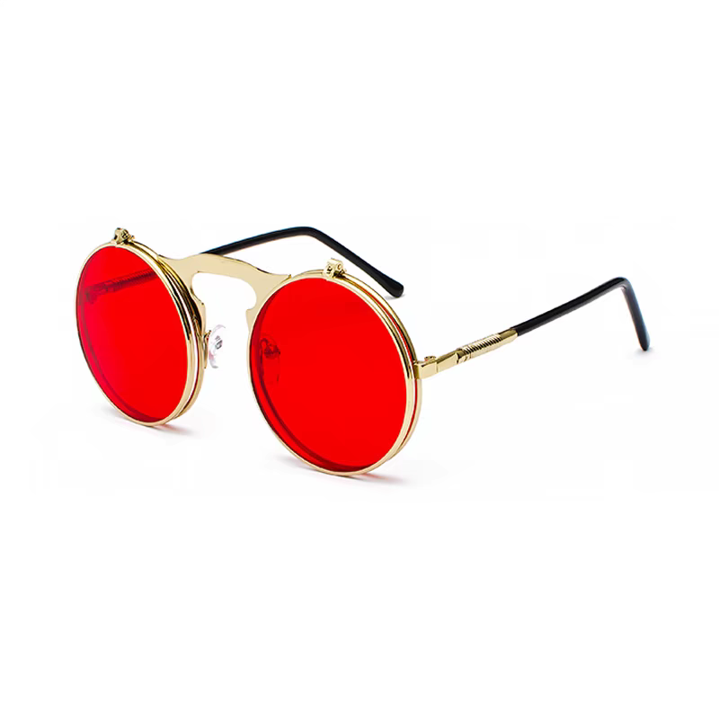 Round sunglasses with gold frame and red lenses on a white background