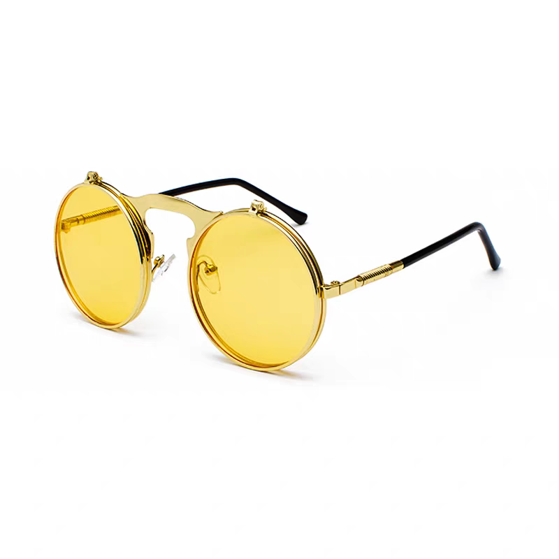 Round yellow sunglasses with gold frames on a white background