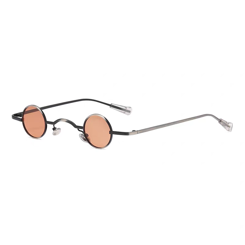 Round sunglasses with thin frame and brown lenses on a white background