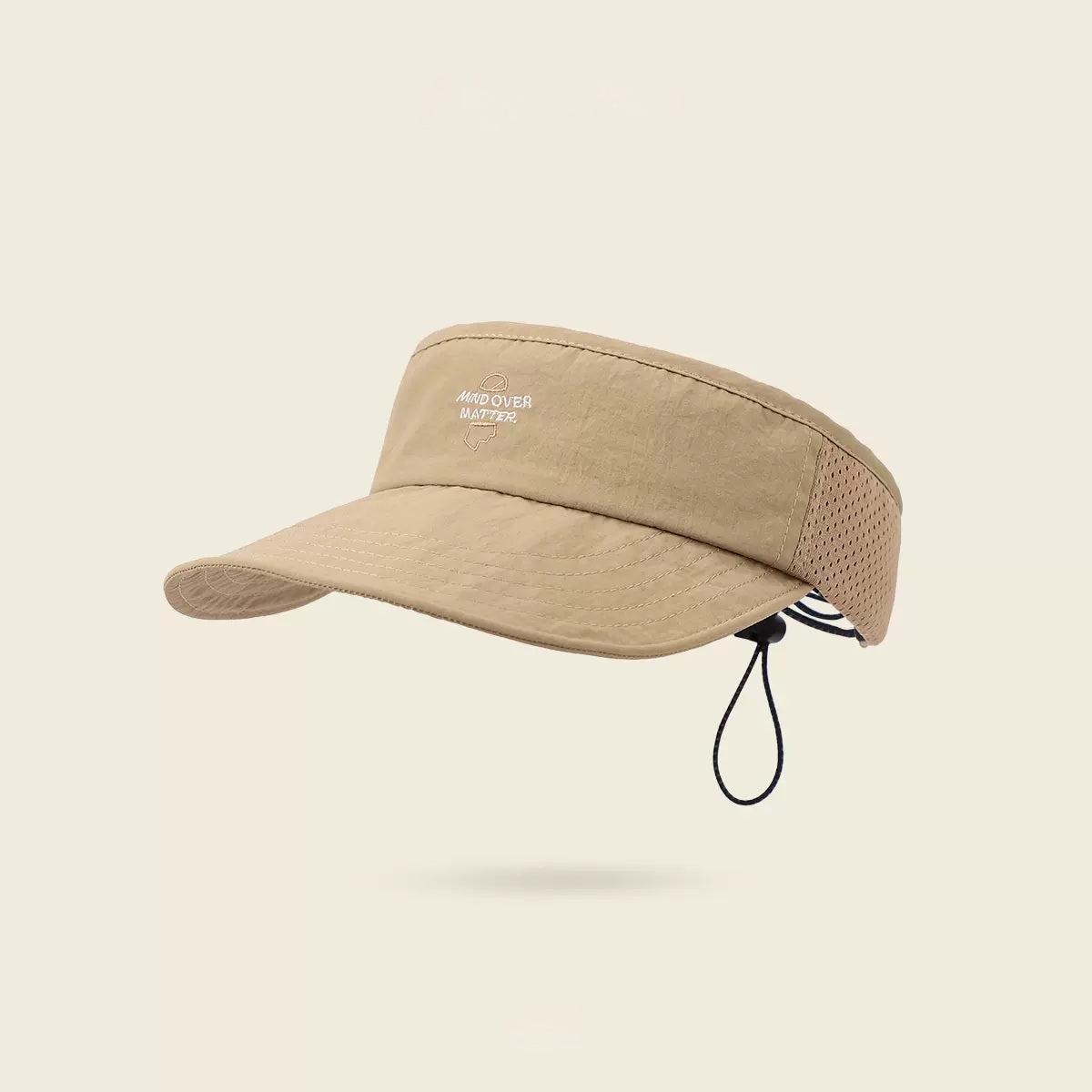 Beige visor cap with a brand logo on a beige background