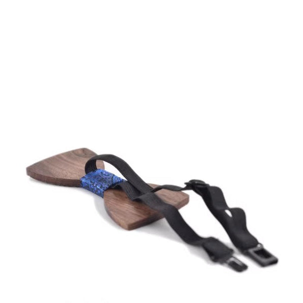Black suspenders on wooden bowtie