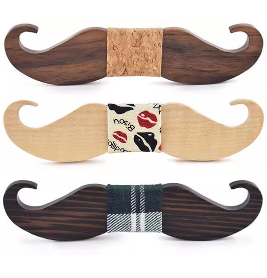 Three wooden mustache-shaped bottle openers with different designs on a white background