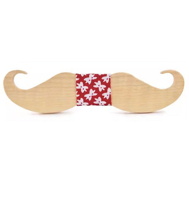 Wooden mustache-shaped toy with a red band featuring white patterns on a white background
