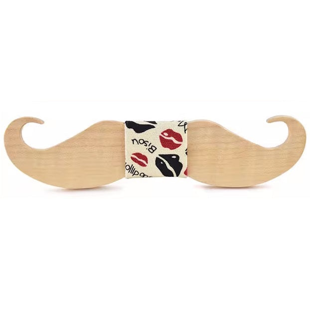 Wooden mustache-shaped object with a decorative band on a white background