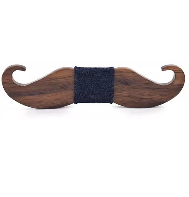 Wooden mustache-shaped object with a black band on a white background
