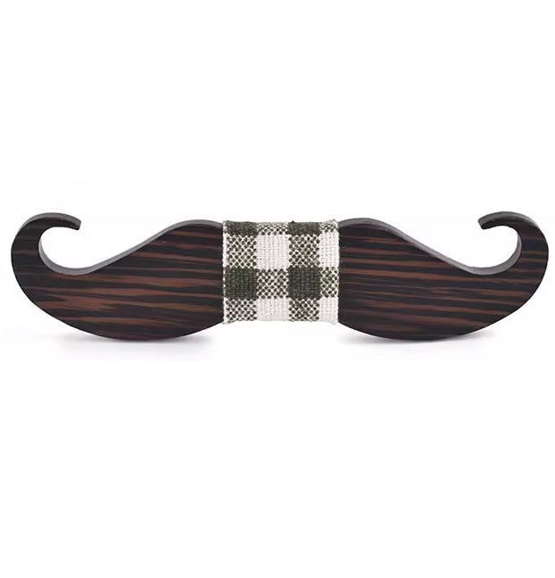 Wooden mustache-shaped object with a checkered band on a white background