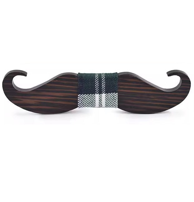 Wooden mustache-shaped object with a plaid band on a white background