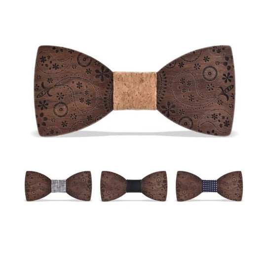 Wooden bow tie with floral pattern and cork back, displayed with additional bow ties below on a white background.