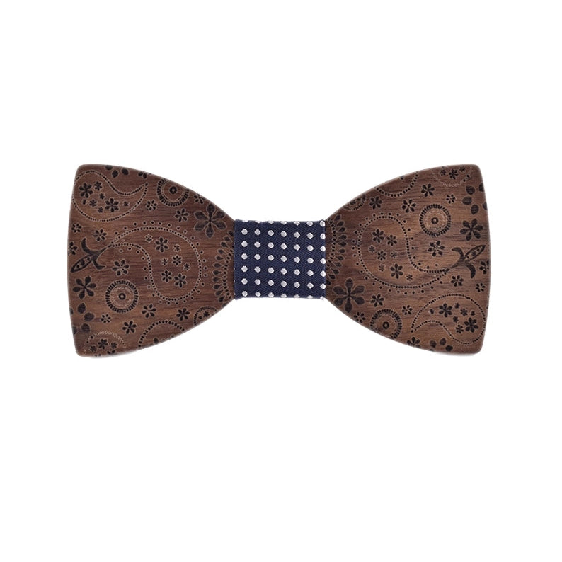 Brown paisley patterned bow tie with a blue center on a white background