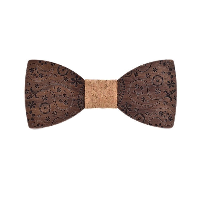 Wooden bow tie with cork center on a white background