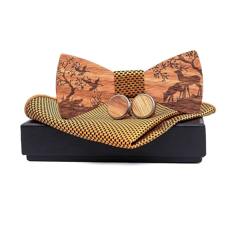 Wooden bow tie, cufflinks, and pocket square set on a white background