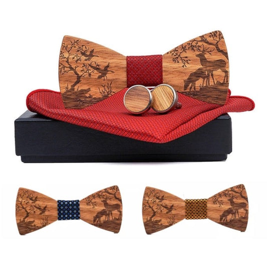 Wooden bow tie set with red pocket square and cufflinks on a white background