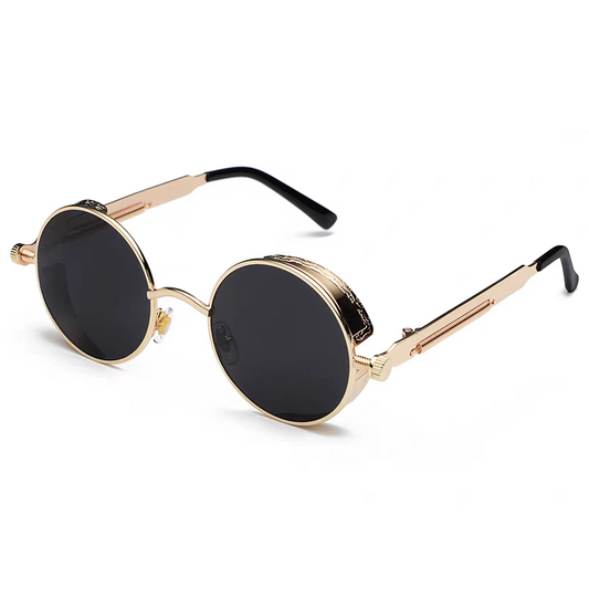 Round sunglasses with gold frame and black lenses on a white background