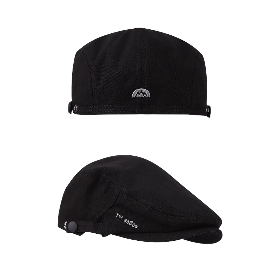 Two black hats with brand logos on a gray background