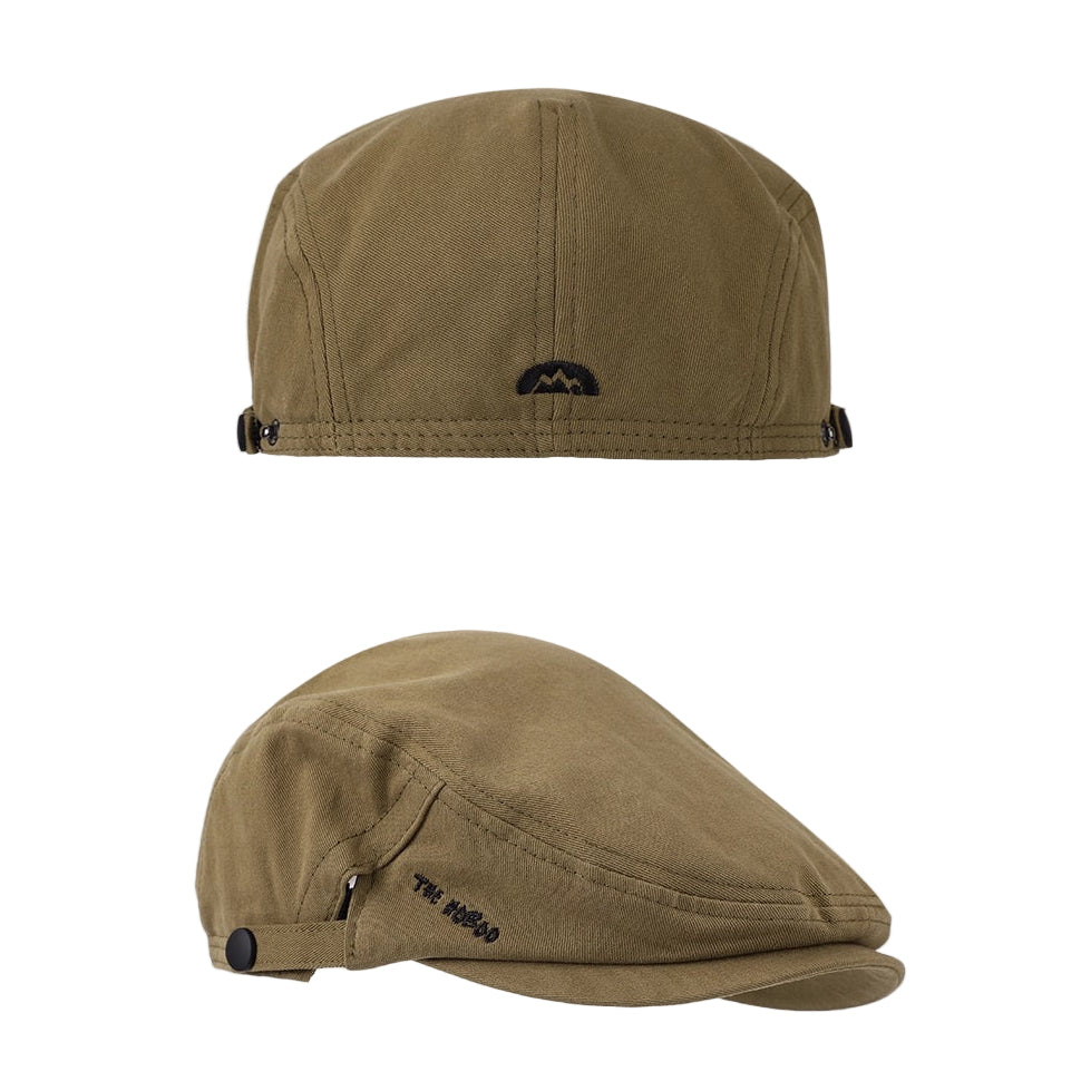 Two brown caps on a beige background with brand name on the left.