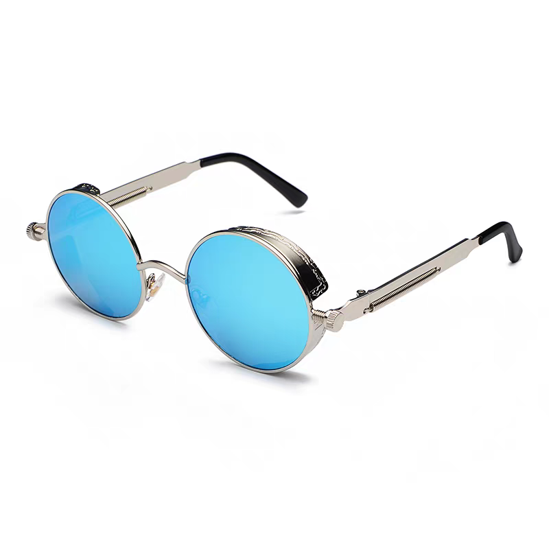 Round sunglasses with blue lenses and silver frames on a white background