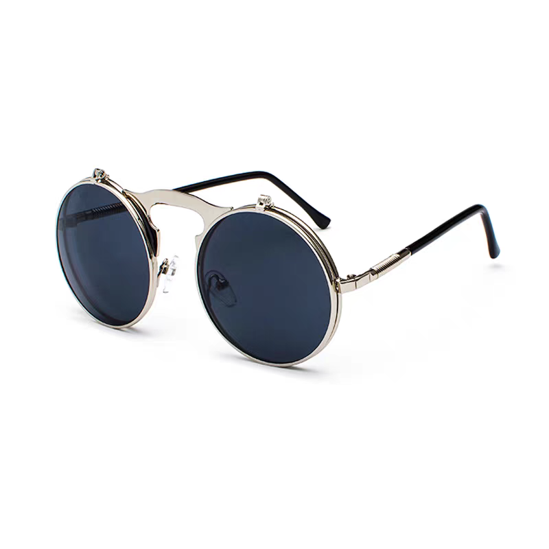 Round sunglasses with metallic frame and dark lenses on a white background