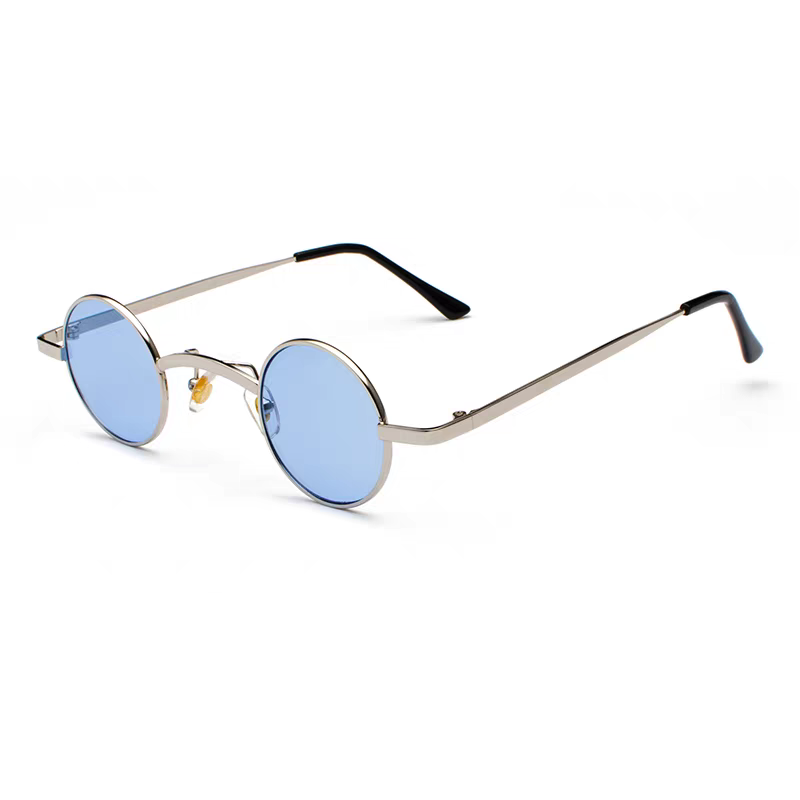 Round sunglasses with silver frame and blue lenses on a white background.