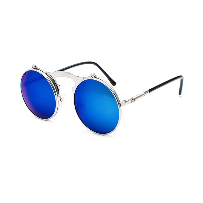 Round sunglasses with blue lenses and silver frames on a white background