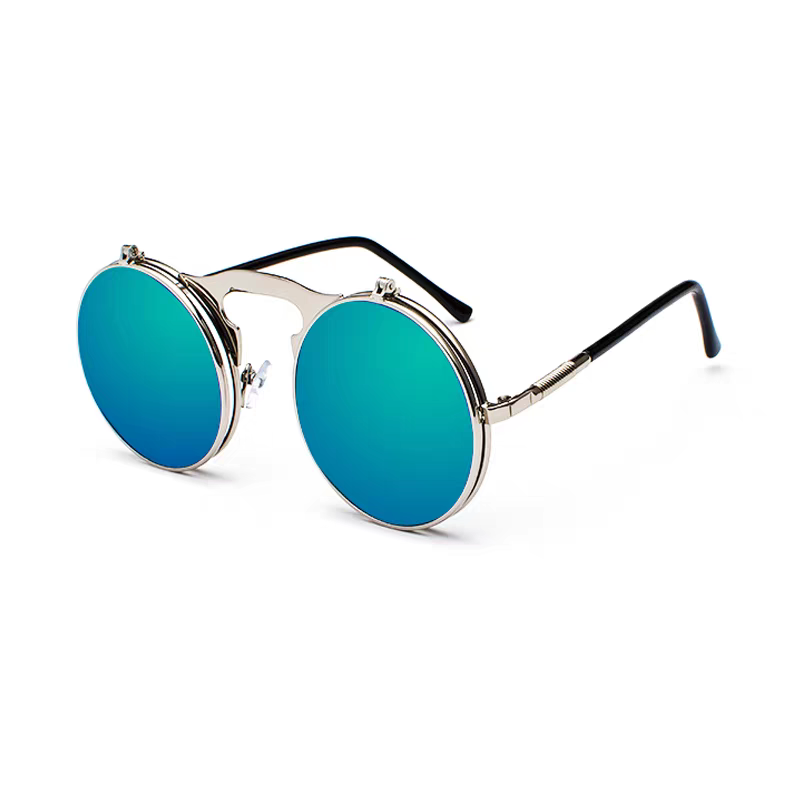 Round sunglasses with blue gradient lenses on a white background