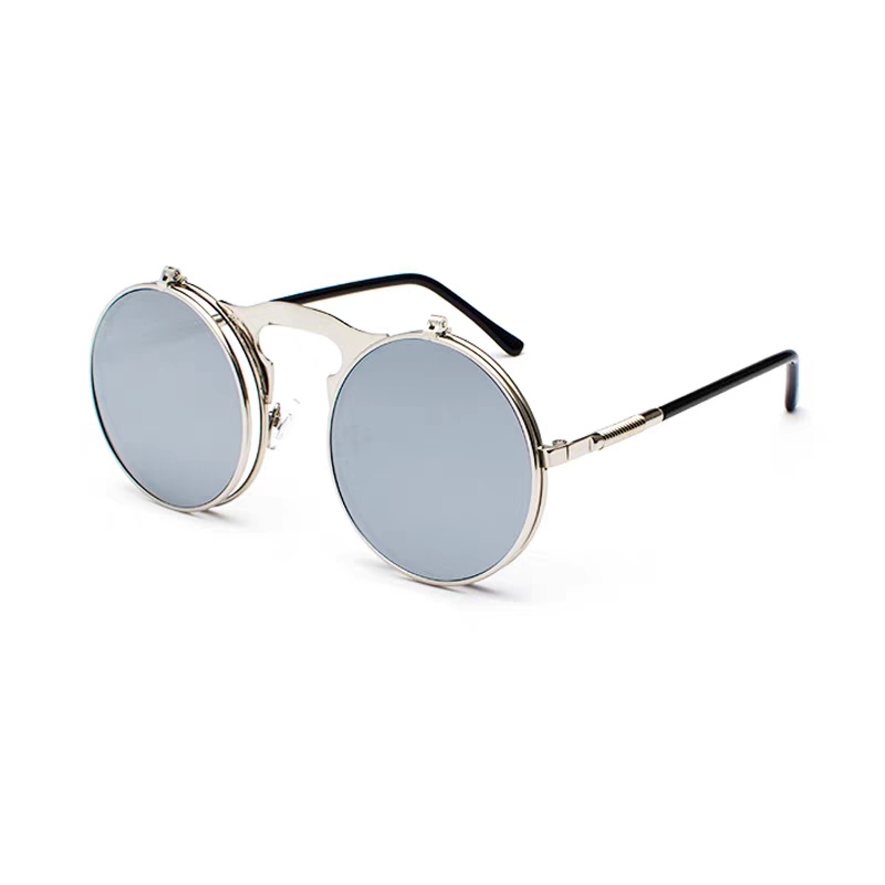 Round sunglasses with metallic frame and blue lenses on a white background