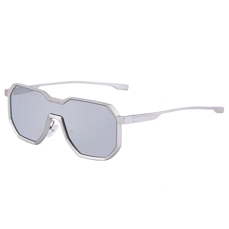 Silver sunglasses with reflective lenses on a white background