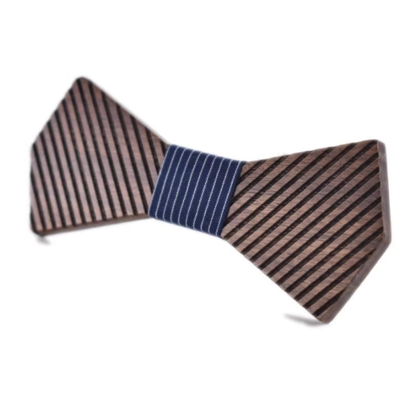 Striped bow tie with brown and blue pattern on a white background