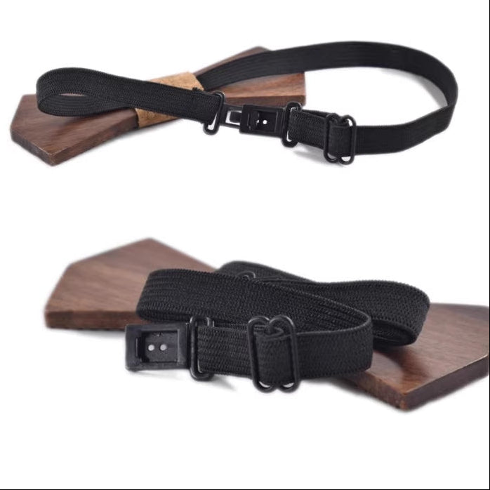Black belt with wooden buckle on a white background