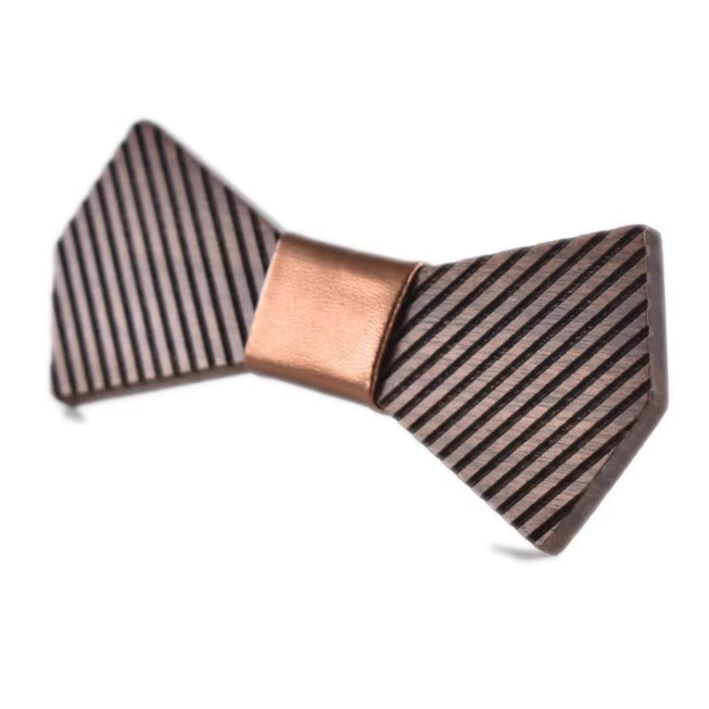 Bow tie with striped pattern and rose gold center on a white background