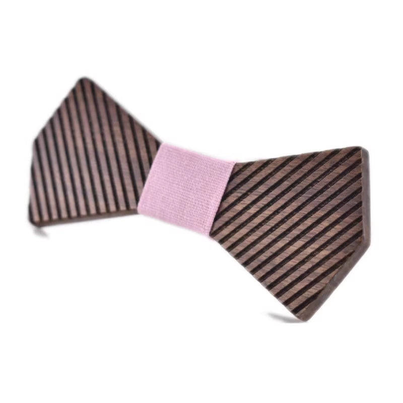 Bow tie with brown striped pattern and pink center on a white background