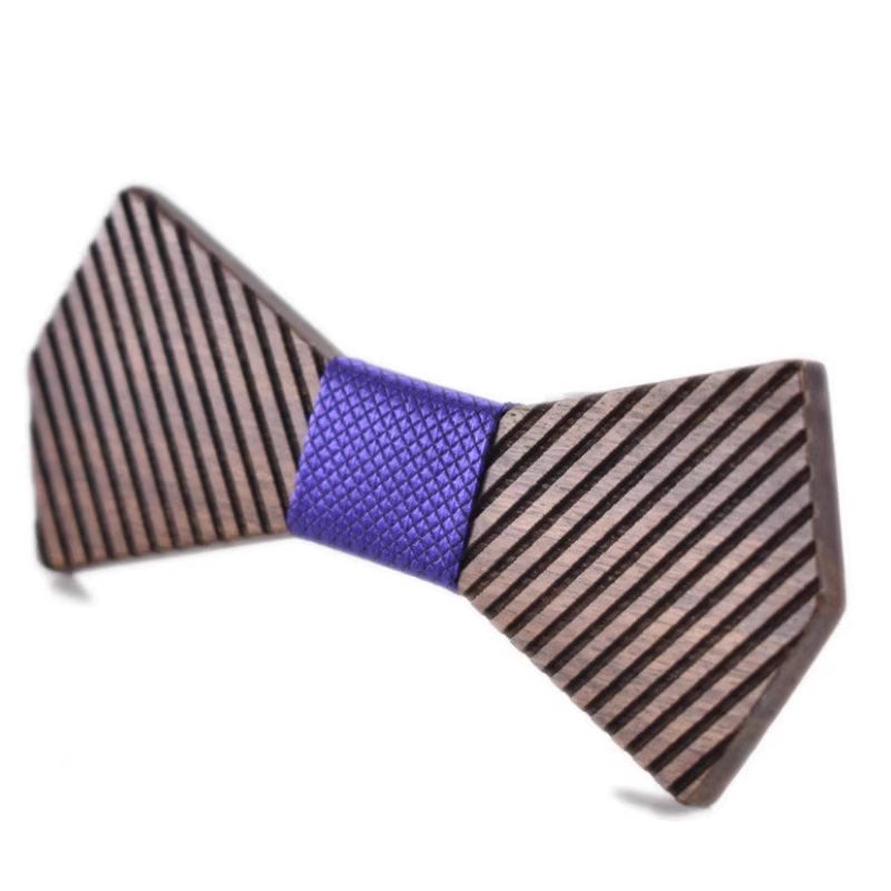 Bow tie with brown striped pattern and purple center on a white background