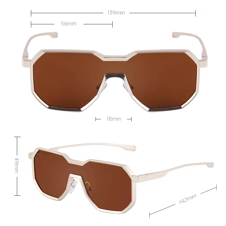 Sunglasses with brown lenses and gold frames, showing measurements on a white background.