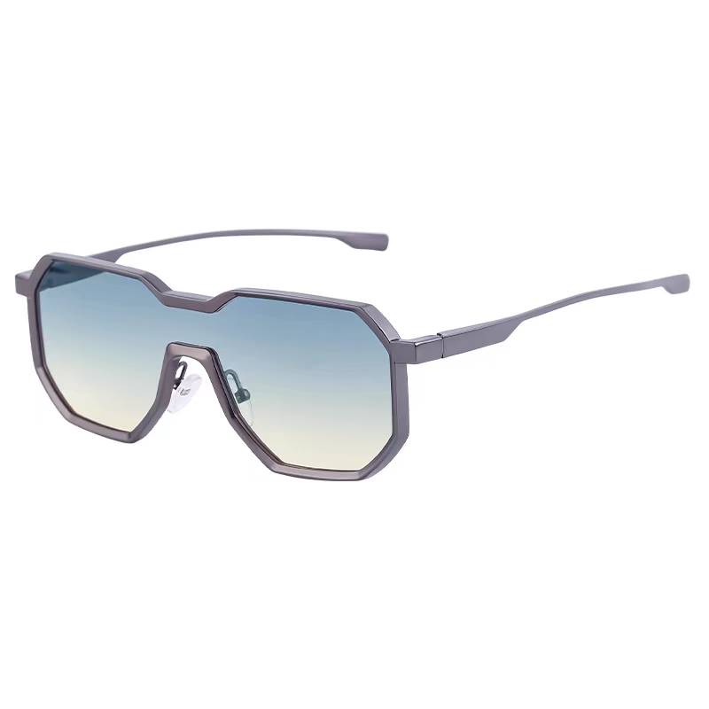 Sunglasses with gradient blue lenses on a white background