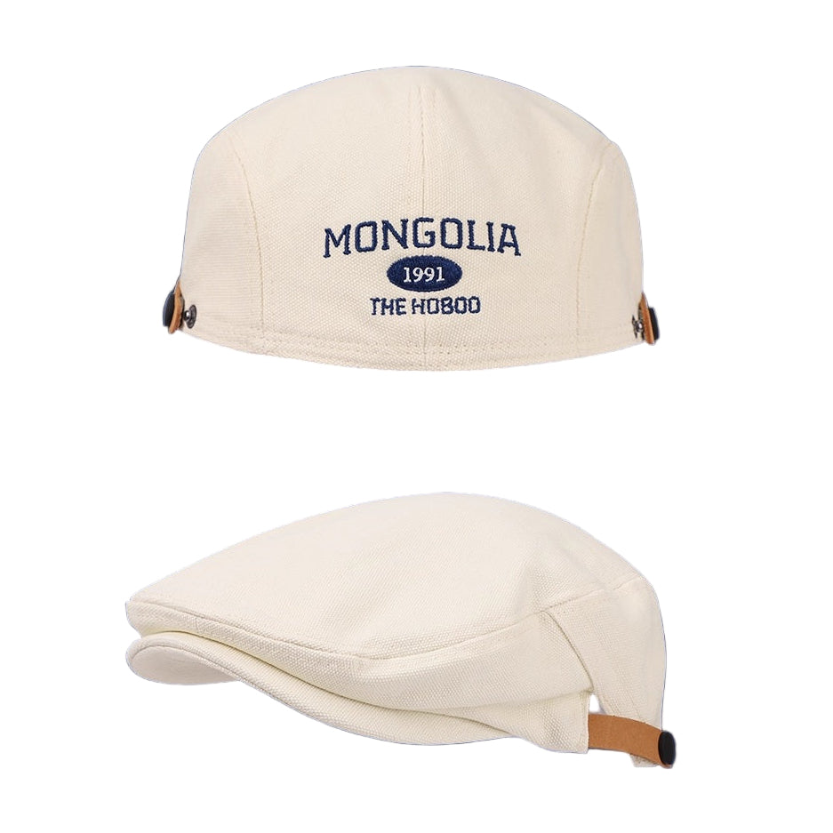 Two beige caps with text on a blue background