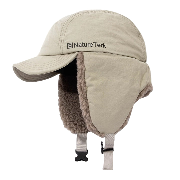 Beige winter cap with ear flaps and 'Nature Terk' branding on a beige background
