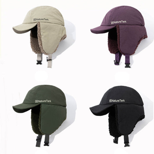 Four different colored caps with ear flaps on a white background, featuring the brand 'Nature Tek'.
