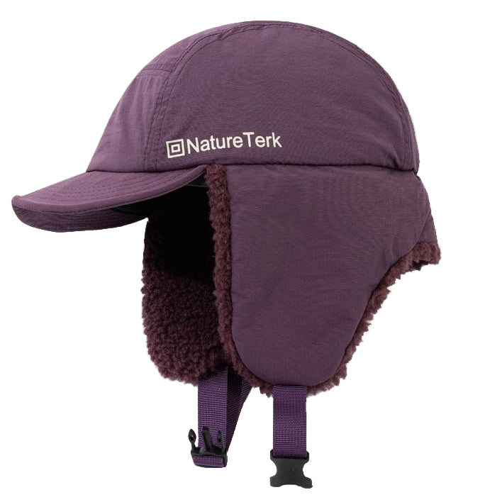 Purple winter hat with ear flaps and 'NatureTerk' branding on a beige background