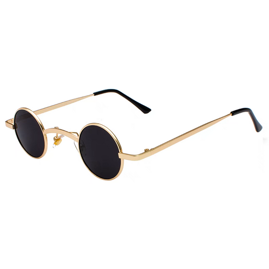Gold-framed sunglasses with black lenses on a white background