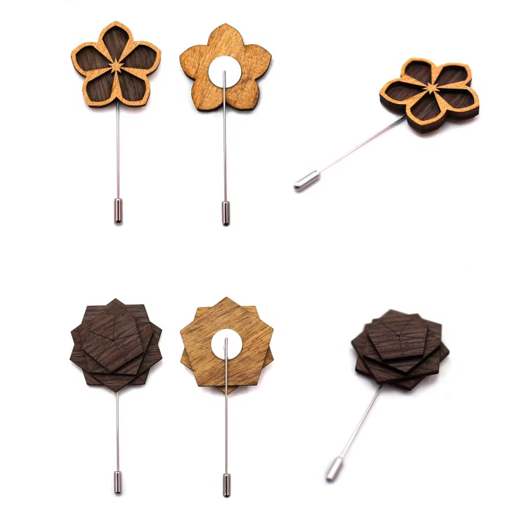 Set of floral-shaped lapel pins on a white background
