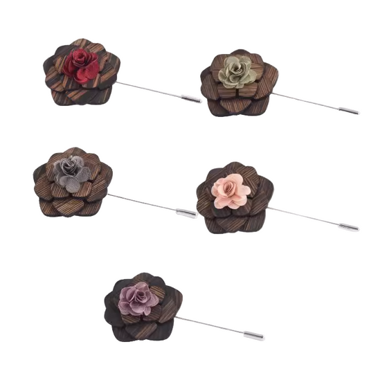 Set of floral brooches on a white background with text indicating 'NEW' and brand name.